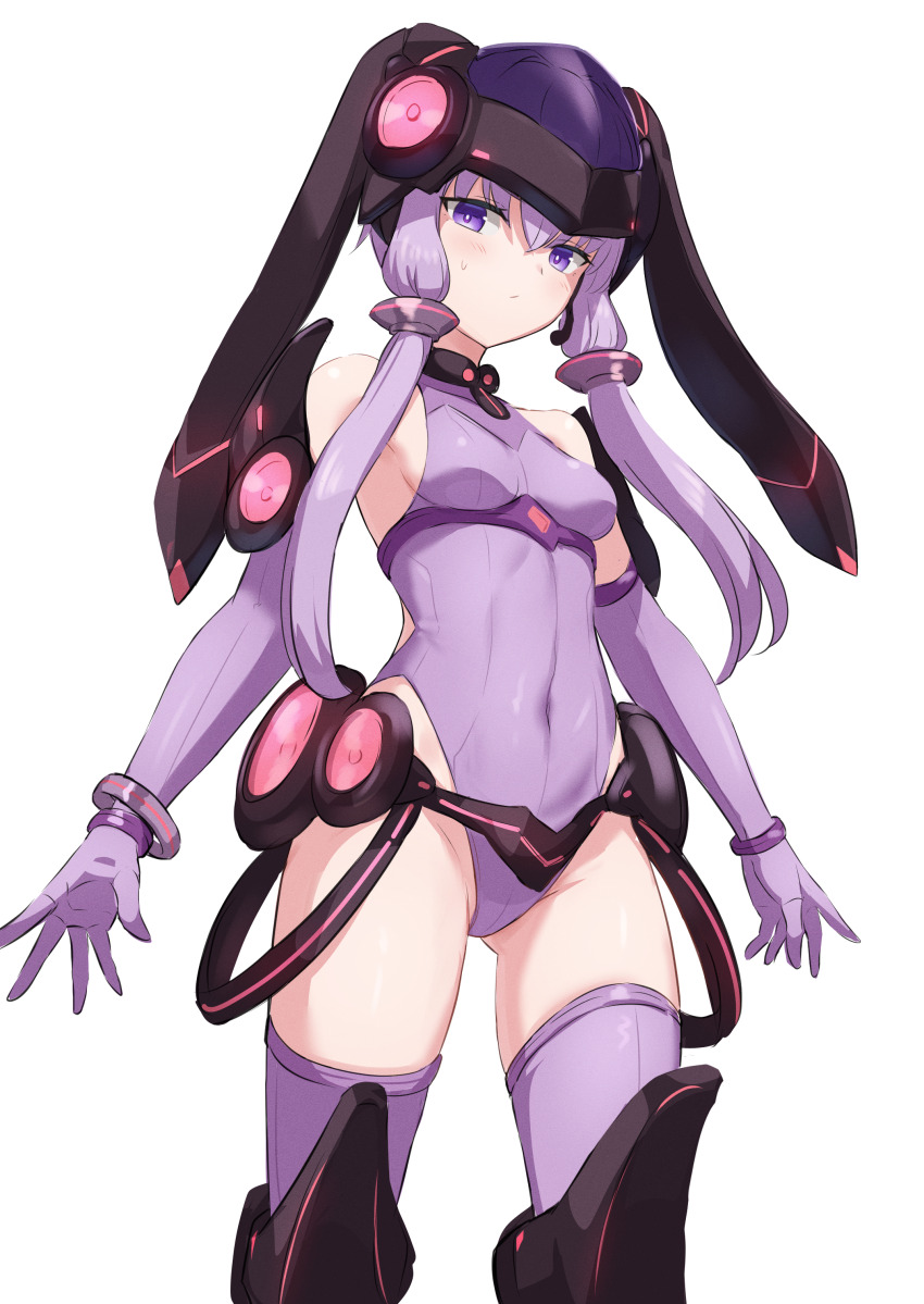 1girl :/ absurdres armor arms_at_sides black_armor boots breasts covered_navel cowboy_shot dot_nose elbow_gloves expressionless gloves gluteal_fold helmet highres legs_apart leotard looking_at_viewer purple_eyes purple_gloves purple_hair purple_leotard purple_thighhighs ruttse shiny_clothes shiny_skin short_hair_with_long_locks simple_background small_breasts solo standing thigh_boots thighhighs voiceroid white_background yuzuki_yukari
