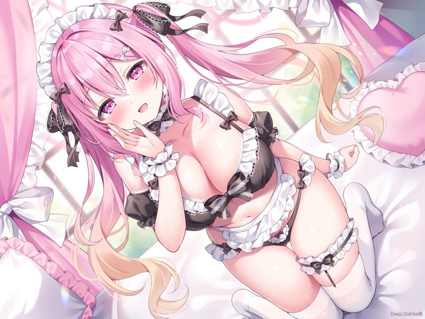 1girl apron bare_shoulders bed bikini black_bikini bow breasts canopy_bed choker cleavage detached_sleeves dutch_angle frilled_bikini frilled_choker frilled_thigh_strap frills gradient_hair hair_bow hand_up highres kneeling large_breasts long_hair looking_at_viewer maid maid_bikini maid_headdress multicolored_hair navel no_shoes open_mouth original pink_eyes pink_hair shiono_(0303) side-tie_bikini_bottom smile solo stomach string_bikini swimsuit thigh_gap thigh_strap thighhighs thighs twintails unconventional_maid very_long_hair waist_apron white_thighhighs wrist_cuffs