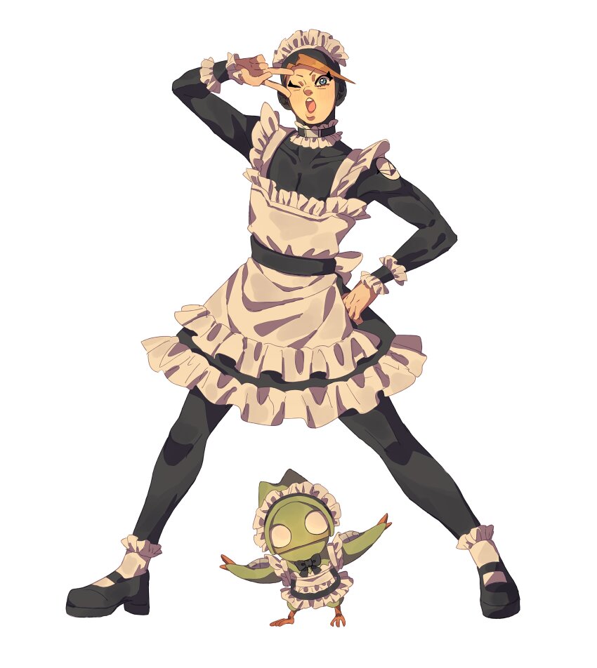 1boy 1other absurdres alternate_costume apron black_bodysuit black_shoes blue_eyes bodysuit brown_hair crossdressing crossdressing_(mtf) dress enmaided frills full_body hand_on_own_hip highres jojo_no_kimyou_na_bouken maid maid_apron maid_headdress male_focus male_maid one_eye_closed open_mouth shoes siniy stand_(jojo) the_jojolands the_matte_kudasai usagi_aloha&#039;oe v v_over_eye white_background