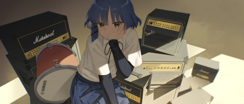 1girl amplifier asymmetrical_sidelocks black_ribbon blue_hair blue_skirt bocchi_the_rock! commentary drum hair_ornament hairpin head_rest highres instrument jl_tan long_sleeves looking_at_viewer marshall_amplification neck_ribbon ribbon school_uniform shimokitazawa_high_school_uniform shirt short_hair sitting skirt solo white_shirt yamada_ryo yamaha