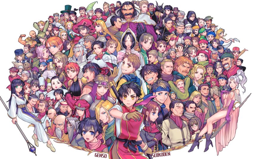 character_request cleo_(suikoden) closed_mouth flik_(suikoden) gensou_suikoden gensou_suikoden_i gremio_(suikoden) highres jeane_(suikoden) kasumi_(suikoden) long_hair looking_at_viewer luc_(suikoden) medium_hair multiple_girls odessa_silverberg open_mouth pahn_(suikoden) sakai_(motomei) short_hair simple_background smile ted_(suikoden) tir_mcdohl viki_(suikoden) viktor_(suikoden) white_background