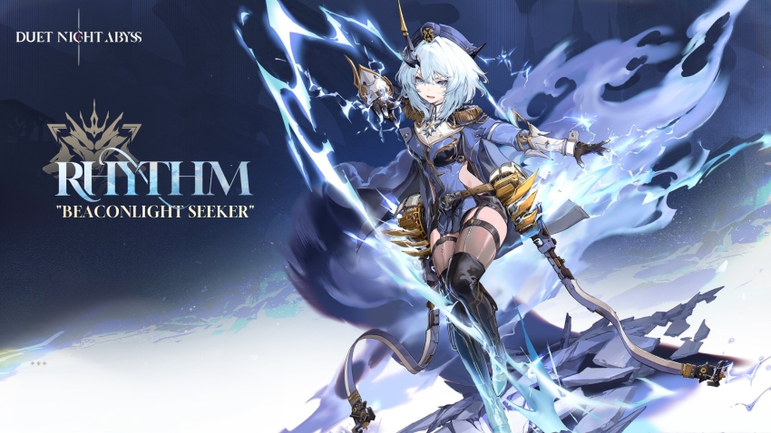 1girl armor duet_night_abyss full_body grey_eyes grey_hair highres medium_hair rhythm_(duet_night_abyss) serious skirt sword text_background weapon