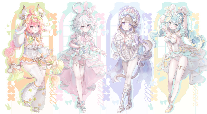 4girls :d absurdres ahoge alternate_costume alternate_eye_color alternate_hair_color animal_ear_fluff animal_ears anninufufu aqua_hair arms_up ascot bell blonde_hair blue_eyes blue_gemstone blue_pupils blush boots bow bowtie breasts cat_tail character_name cleavage commentary cow_girl cow_horns cow_tail cowbell cowlick detached_sleeves dress ear_bell facial_mark fake_animal_ears faruzan_(genshin_impact) full_body furina_(genshin_impact) gem genshin_impact green_bow green_bowtie green_eyes grey_hair hair_between_eyes hair_ornament hand_up heterochromia high_heel_boots high_heels highres horns large_breasts leotard long_hair long_sleeves looking_at_viewer lynette_(genshin_impact) medium_breasts medium_hair microskirt multicolored_hair multiple_girls open_mouth orange_bow orange_bowtie orange_skirt pantyhose parted_lips pink_ascot pink_dress pink_hair pink_pupils playboy_bunny puffy_long_sleeves puffy_short_sleeves puffy_sleeves purple_bow purple_eyes rabbit_ears shoes short_sleeves single_thighhigh skirt smile standing star_(symbol) star_facial_mark strapless strapless_leotard streaked_hair symbol-only_commentary symbol-shaped_pupils tail teardrop-shaped_gem teeth thigh_strap thighhighs twintails two-tone_bow two-tone_bowtie upper_teeth_only varesa_(genshin_impact) very_long_hair white_boots white_hair white_leotard white_pantyhose white_shoes white_thighhighs white_wrist_cuffs wrist_cuffs x_hair_ornament yellow_eyes yellow_shoes