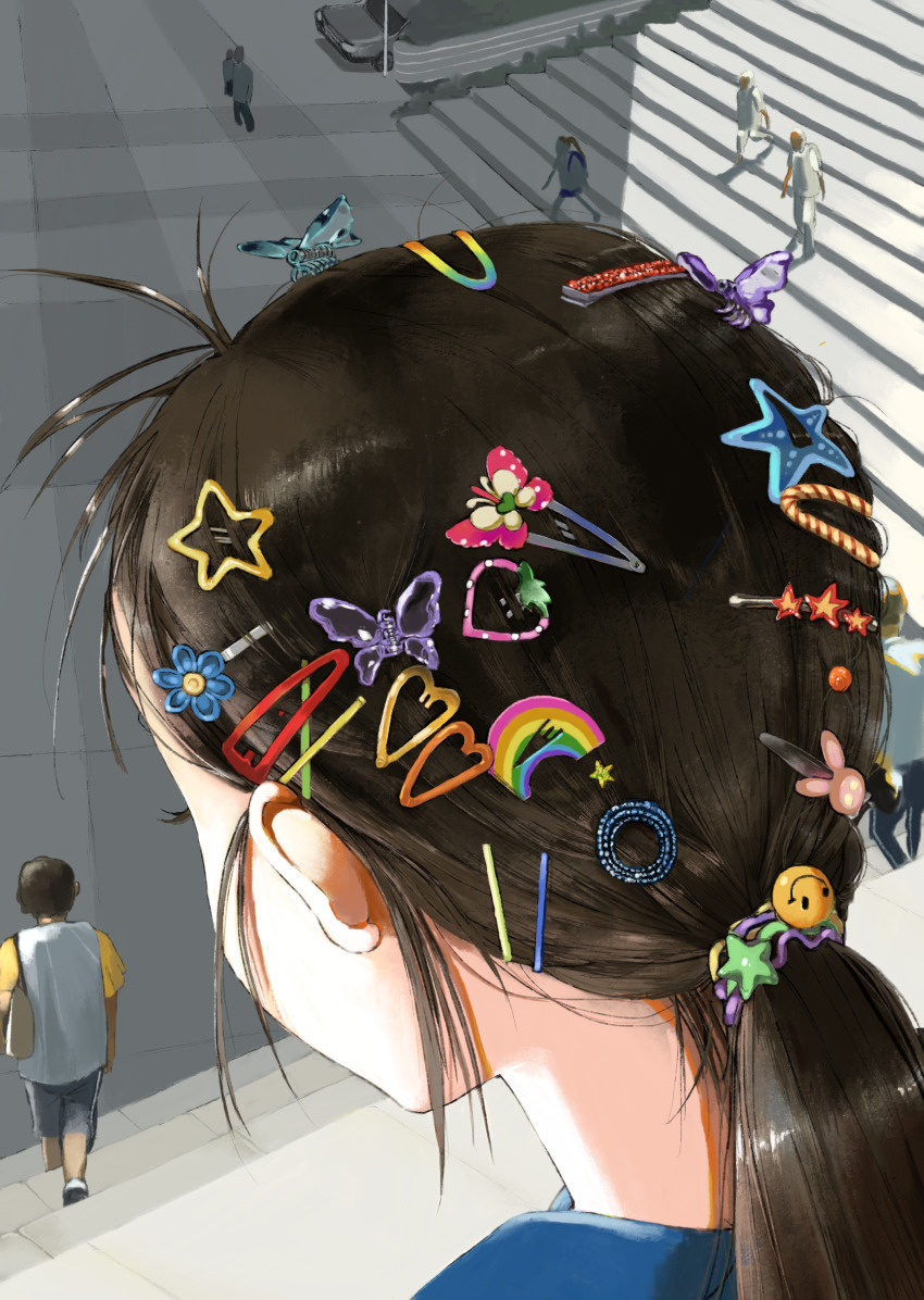 1girl absurdres brown_hair butterfly_hair_ornament flower_hairpin from_above from_behind hair_ornament hairpin heart heart_hair_ornament highres long_hair lucarios multiple_hairpins original ponytail rainbow_hair_ornament smile_emoji solo_focus star_(symbol) star_hair_ornament too_many_hair_ornaments