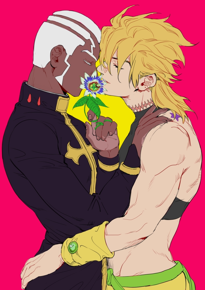 2boys birthmark black_shirt blonde_hair cassock closed_eyes colored_eyelashes crop_top dark-skinned_male dark_skin dio_brando ear_birthmark enrico_pucci flower flower_over_mouth flower_to_mouth hand_on_another&#039;s_hip hand_on_another&#039;s_shoulder highres joestar_birthmark jojo_no_kimyou_na_bouken lighthouse_(lt_yummy) male_focus medium_hair multiple_boys muscular muscular_male pants passion_flower pink_background priest purple_flower scar scar_on_neck shirt short_hair sleeves_past_wrists stone_ocean very_short_hair white_flower white_hair yaoi yellow_background yellow_pants