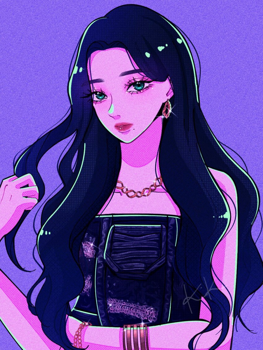 1girl aespa black_hair blue_eyes bracelet commentary_request earrings eyeshadow glint highres jewelry k-pop karina_(aespa) long_hair makeup mascara mixed-language_commentary mole necklace purple_background real_life sail_ofhope simple_background solo upper_body