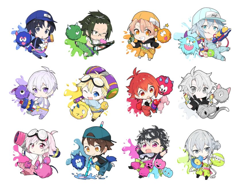 6+boys ahoge blonde_hair bow_(weapon) chibi commentary_request crossbow glasses grey_hair highres holding holding_cannon holding_crossbow holding_weapon idolish7 inumaru_toma isumi_haruka izumi_iori izumi_mitsuki kujou_tenn mido_torao momo_(idolish7) monster mopping multicolored_hair multiple_boys nanase_riku natsume_minami nikaido_yamato osaka_sougo paint paint_splatter pink_hair purple_eyes red_eyes red_hair rokuya_nagi short_hair simple_background streaked_hair tsunashi_ryuunosuke weapon white_background yanzhan yaotome_gaku yotsuba_tamaki yuki_(idolish7)