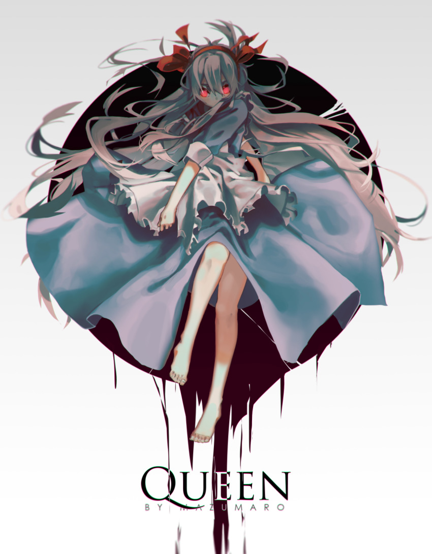 1girl apron artist_name barefoot blue_dress bow bow_hairband commentary dress floating_hair full_body glowing glowing_eyes hair_between_eyes hair_spread_out hairband highres kagerou_project kozakura_marry long_hair long_sleeves looking_at_viewer mazumaro pink_bow pink_hairband red_eyes sidelocks skirt_hold solo very_long_hair white_apron white_hair