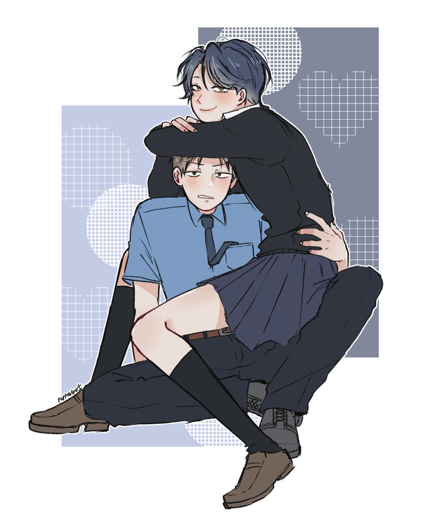 1boy 1girl absurdres arm_around_neck arm_on_another&#039;s_head artist_name belt black_pants black_socks black_sweater blue_hair blue_necktie blue_shirt blue_skirt blush brown_belt brown_eyes brown_hair brown_shoes collared_shirt commentary_request dress_shirt full_body gekkan_shoujo_nozaki-kun green_eyes grey_shoes hand_on_another&#039;s_waist head_rest heads_together heart hetero highres hori_masayuki kashima_yuu knee_up loafers long_sleeves looking_at_viewer necktie necktie_in_pocket pants peppersnot pleated_skirt rouman_academy_school_uniform school_uniform shirt shoes short_hair short_sleeves signature sitting skirt smile socks straddling sweater