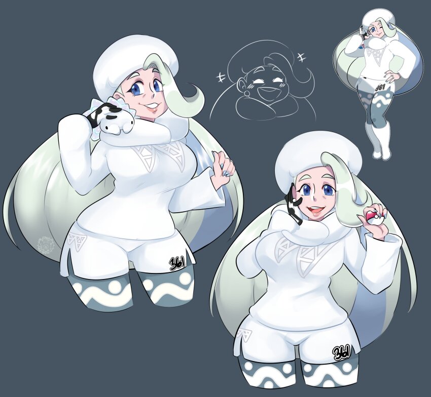 1girl absurdres blonde_hair blue_eyes breasts bug cropped_legs dynamax_band earrings fur_collar fur_hat gen_8_pokemon gloves hat highres holding holding_poke_ball jewelry large_breasts long_hair long_sleeves mature_female melony_(pokemon) missandydandy multicolored_hair multiple_views nintendo pantyhose pantyhose_under_shorts pearl_earrings poke_ball poke_ball_(basic) pokemon pokemon_(creature) pokemon_swsh ring scarf shorts side_slit side_slit_shorts single_glove snom streaked_hair sweater ushanka wedding_ring white_scarf white_sweater worm