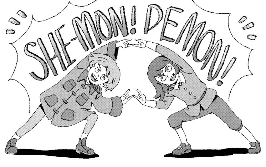 1boy 1girl \n/ abaddon_(haunted_hotel) abaddon_(human)_(haunted_hotel) child coat english_text esther_freeling full_body greyscale haunted_hotel id_kaeta long_hair looking_at_another monochrome short_hair simple_background white_background