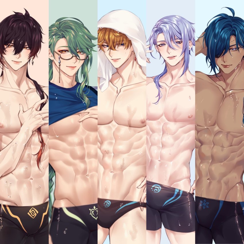 5boys abs arm_tattoo baizhu_(genshin_impact) black_jammers black_male_swimwear black_swim_briefs blue_eyes blue_hair brown_hair bulge clothes_lift commentary dark-skinned_male dark_blue_hair dark_skin earrings eyepatch genshin_impact green_hair highres jammers jewelry kaeya_(genshin_impact) kamisato_ayato logo long_hair male_focus male_swimwear mole multicolored_hair multiple_boys muscular muscular_male navel nipples open_clothes open_shirt orange_hair pants ponytail purple_eyes rourouki shirt_lift short_hair single_earring smile stomach swim_briefs swim_trunks swimsuit symbol-only_commentary tartaglia_(genshin_impact) tattoo topless_male towel towel_on_head underpec wet wet_clothes wet_swimsuit yellow_eyes zhongli_(genshin_impact)