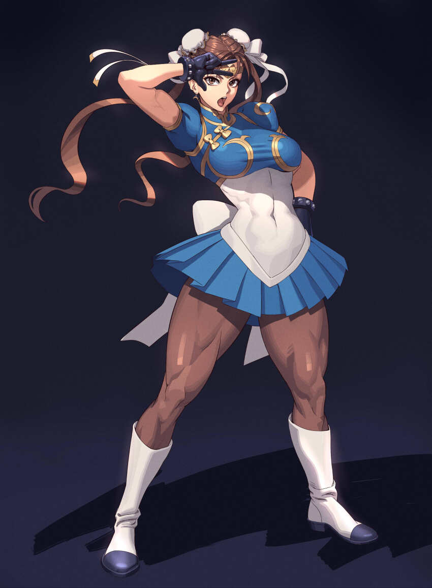 absurdres adapted_costume blue_skirt boots breasts brown_eyes brown_hair capcom chun-li circlet cosplay highres large_breasts long_hair miniskirt muscular muscular_female ogami open_mouth pleated_skirt sailor_moon sailor_moon_(cosplay) skirt street_fighter twintails w w_over_eye white_boots
