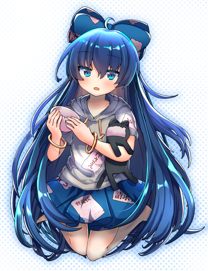 1girl ahoge bangle barefoot blue_bow blue_eyes blue_hair blue_skirt blush bow bracelet grey_hoodie hair_between_eyes hair_bow hakurei_frontier_spell_strive highres hood hoodie jewelry long_hair open_mouth pleated_skirt rapameri short_sleeves skirt solo stuffed_animal stuffed_cat stuffed_toy touhou yorigami_shion