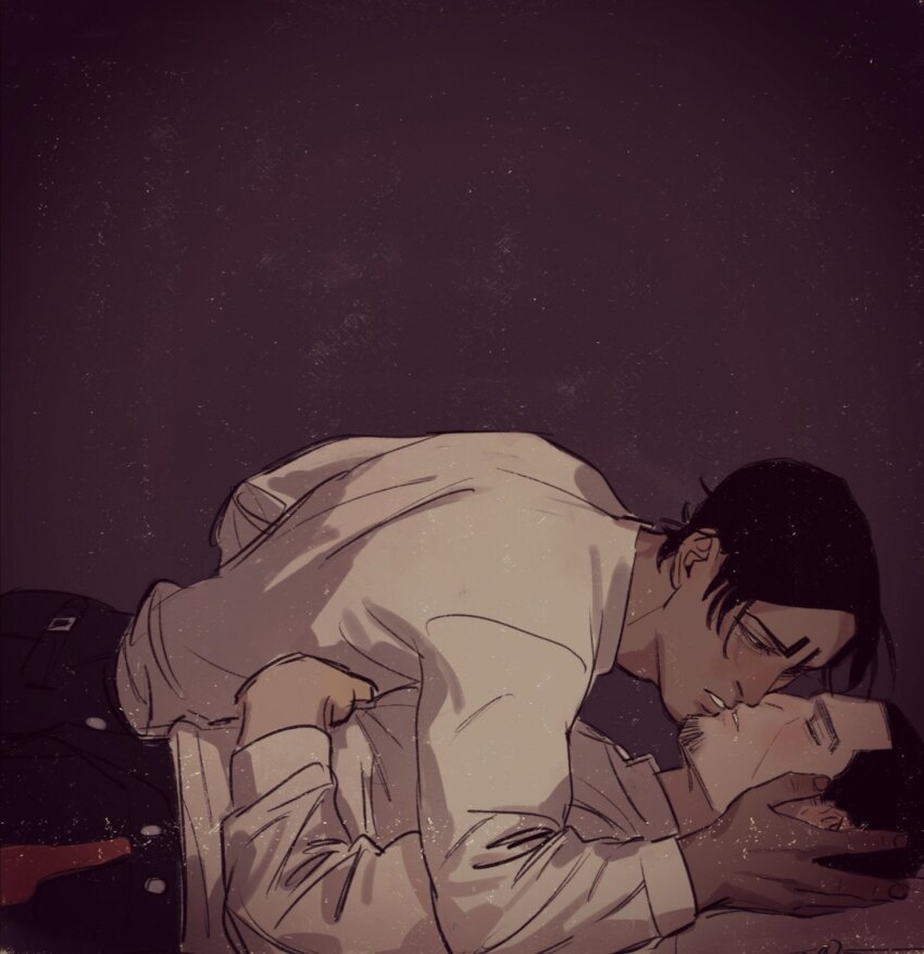 2boys black_eyes black_hair chengongzi123 closed_eyes dark-skinned_male dark_skin facial_hair goatee_stubble golden_kamuy hand_on_own_stomach hand_up head_grab highres imminent_kiss koito_otonoshin long_sleeves looking_at_viewer lying male_focus multiple_boys on_back pants parted_lips purple_background short_hair simple_background stubble tsukishima_hajime upper_body very_short_hair yaoi