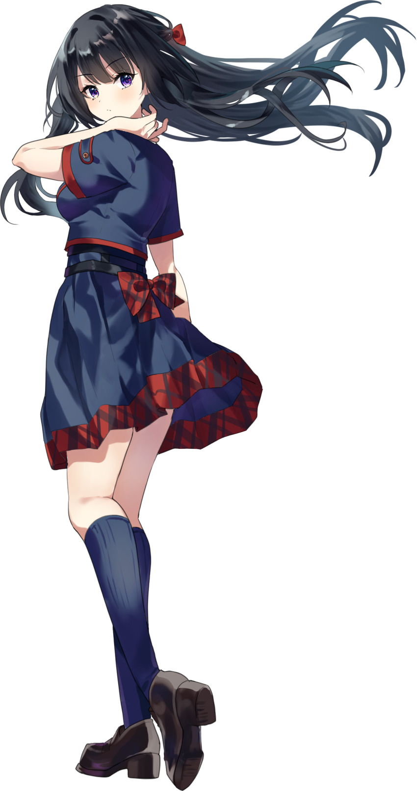 1girl absurdres black_hair black_shoes blue_shirt blue_skirt blue_socks bow breasts commentary_request expressionless full_body hair_ornament highres lily0428 long_hair looking_at_viewer original purple_eyes red_bow shirt shoes simple_background skirt socks solo transparent_background