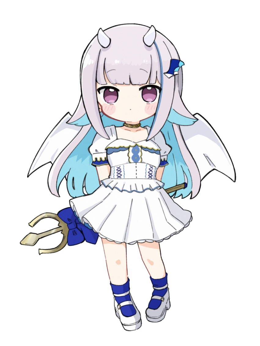 1girl arms_behind_back blue_bow blue_hair blue_socks blush_stickers bow chibi closed_mouth collarbone commentary dress full_body grey_hair hair_ornament highres horns lize_helesta long_hair looking_at_viewer multicolored_hair nijisanji nozo_(hitomiz) pleated_dress polearm puffy_short_sleeves puffy_sleeves purple_eyes shoes short_sleeves simple_background socks solo standing trident two-tone_hair very_long_hair virtual_youtuber weapon white_background white_dress white_shoes white_wings wings