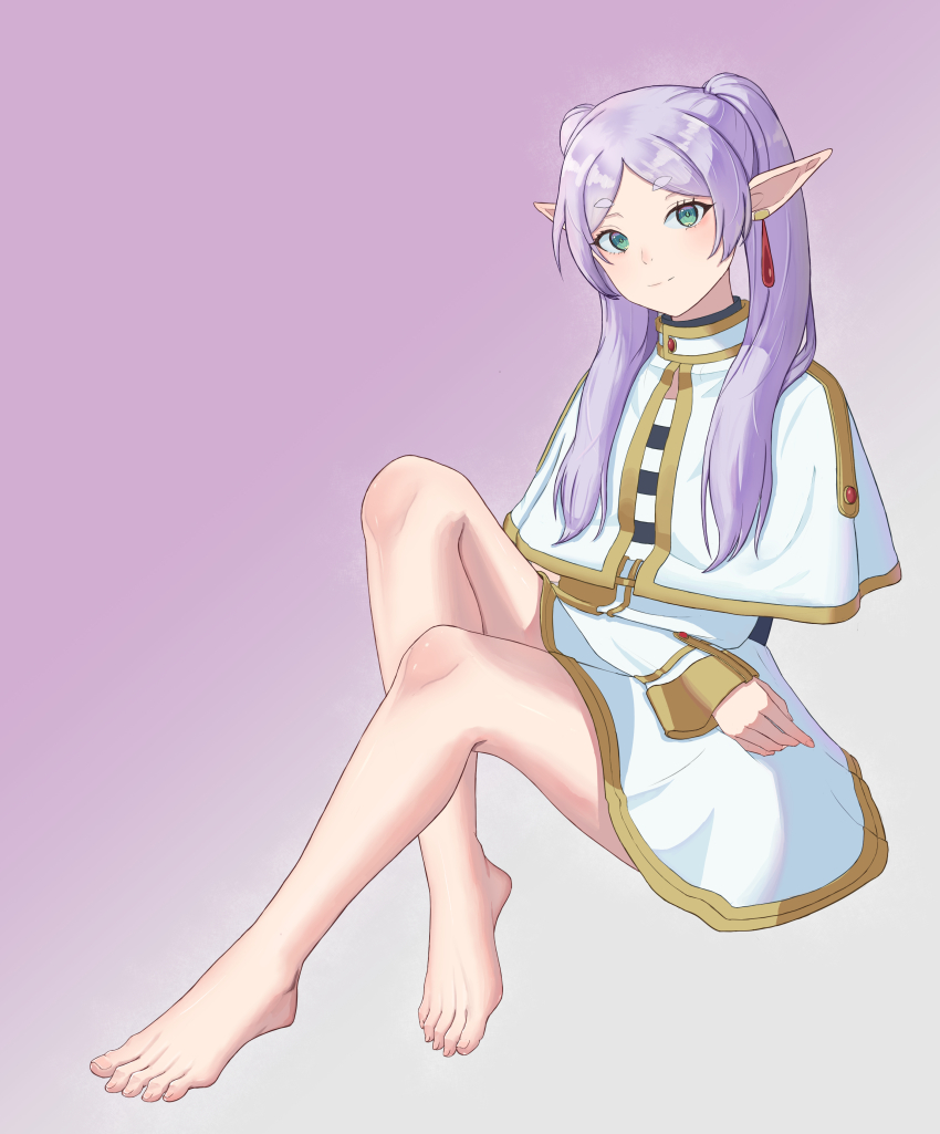 0_sanf 1girl absurdres barefoot feet frieren green_eyes grey_hair highres light_smile long_hair looking_at_viewer pointy_ears sousou_no_frieren toes twintails