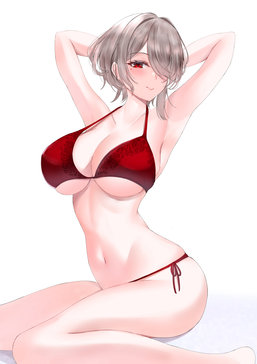 1girl absurdres armpits arms_behind_head bikini breasts brown_hair commentary_request hair_over_one_eye highres honkai_(series) honkai_impact_3rd large_breasts match_(scp115) navel presenting_armpit red_bikini red_eyes rita_rossweisse short_hair simple_background solo stomach swimsuit underboob white_background