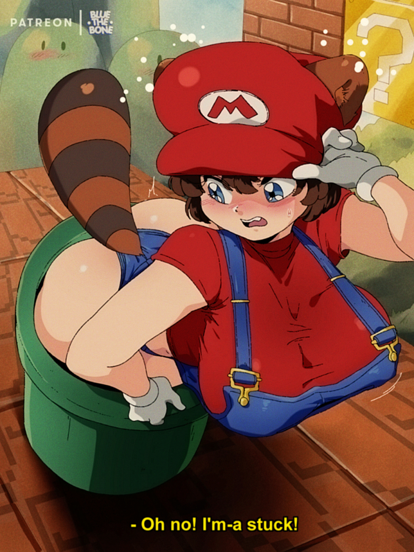 1girl animal_ears ass blouse blue_eyes blue_overalls bluethebone blush breasts clothing_cutout commentary cosplay ears_through_headwear english_commentary english_text gloves hat highres large_breasts mario mario_(cosplay) mario_(series) nintendo overalls raccoon raccoon_ears raccoon_tail red_hat red_shirt retro_artstyle shirt short_sleeves solo stuck subtitled super_mario_bros._3 tail tail_through_clothes warp_pipe white_gloves