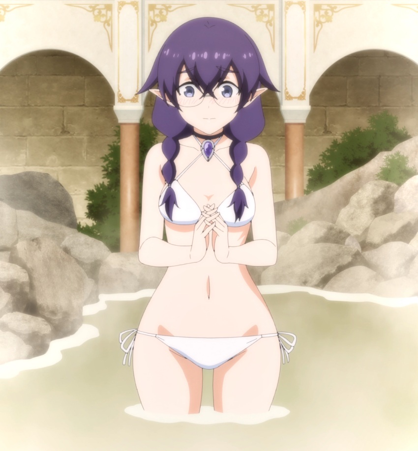 1girl absurdres anime_screenshot bikini blush breasts choker cleavage collar collarbone demon_girl eiyuu_kyoushitsu fingers_together glasses hair_between_eyes highres long_hair looking_down maria_(eiyuu_kyoushitsu) medium_breasts navel partially_submerged pointy_ears purple_hair side-tie_bikini_bottom sidelocks stitched stomach swimsuit thighs third-party_edit water white_bikini wide_hips