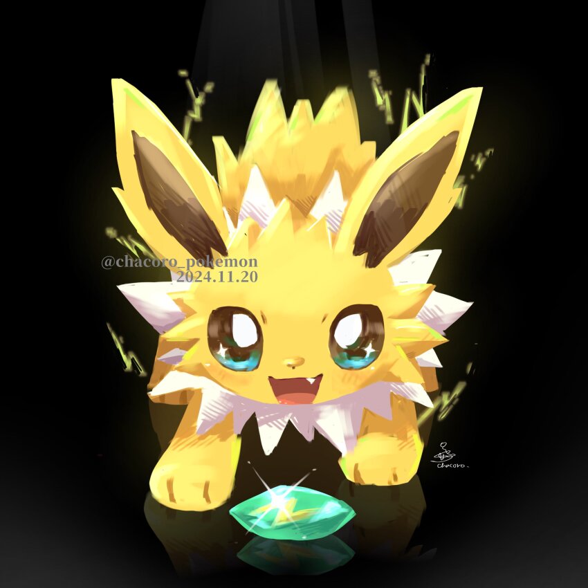 animal_focus blue_eyes blush bright_pupils chacoro_pokemon dated electricity evolution_stone evolutionary_stone fang game_freak gen_1_pokemon highres jolteon looking_at_viewer nintendo no_humans pokemon pokemon_(creature) reflection smile solo thunder_stone twitter_username white_pupils