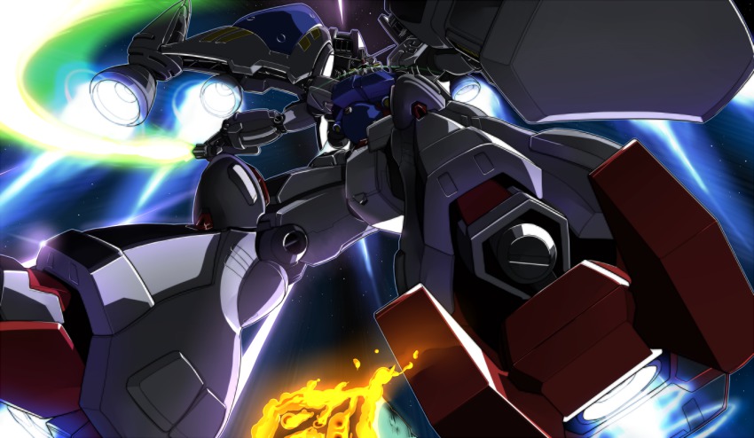 1990s_(style) energy_sword foreshortening glowing glowing_eyes gomi_kushige gundam gundam_0083 gundam_gp-02_physalis looking_down mecha no_humans retro_artstyle robot shield solo space sword weapon