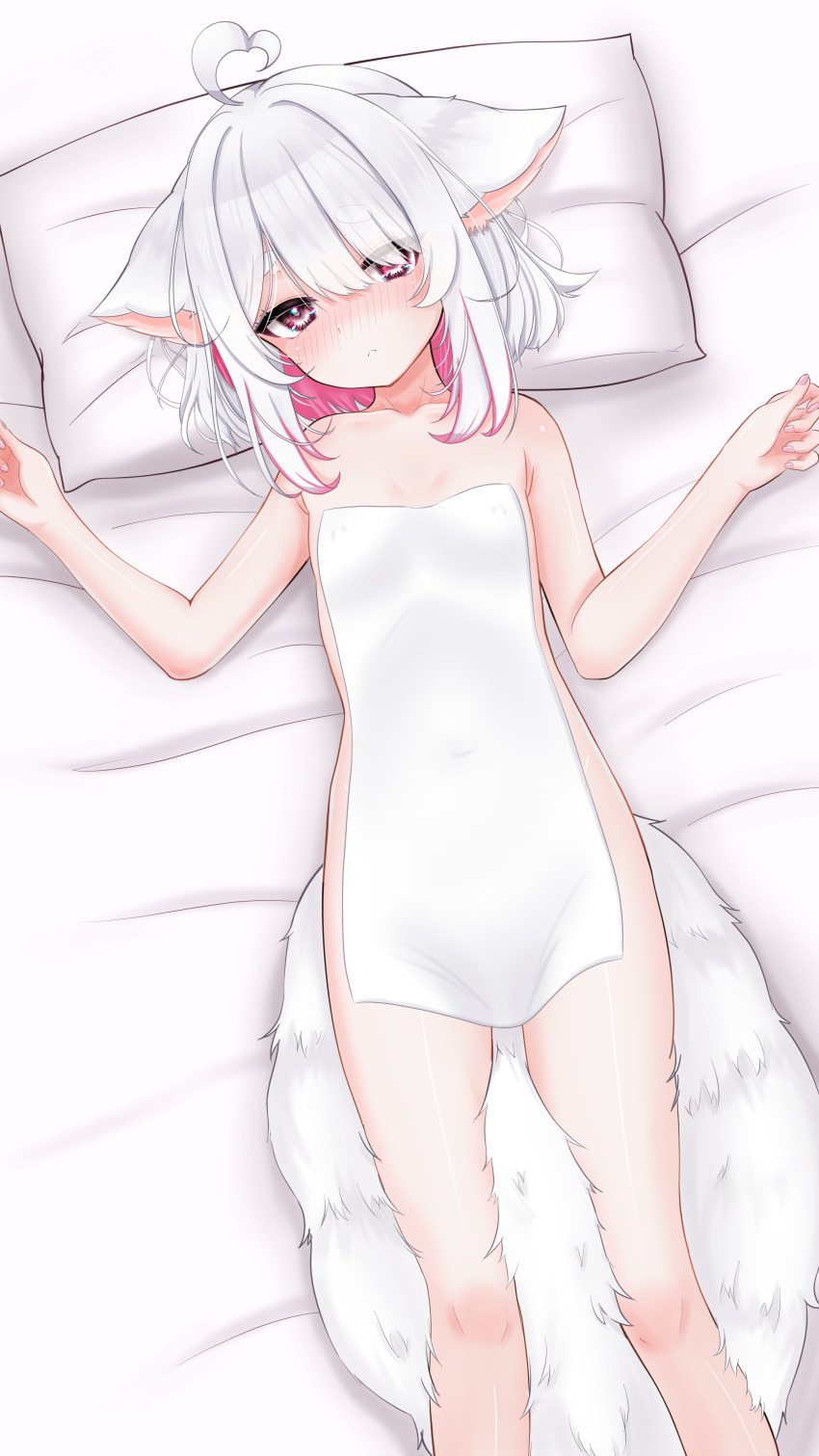 1girl absurdres animal_ears blush breasts cat_ears cat_girl cat_tail colored_inner_hair covering_privates embarrassed head_on_pillow highres indie_virtual_youtuber kuma_no_nebosuke looking_at_viewer lying multicolored_hair nude nude_cover on_back pillow pink_eyes pink_hair roa_(vtuber) short_hair small_breasts tail thick_eyebrows towel two-tone_hair virtual_youtuber white_hair