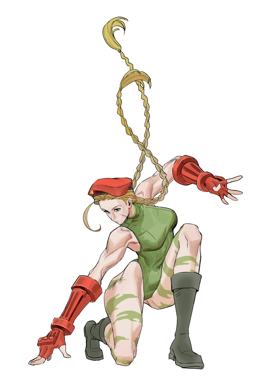 1girl absurdres bare_shoulders beret black_boots blonde_hair blue_eyes boots braid breasts cammy_white camouflage closed_mouth facial_scar fingerless_gloves floating_hair full_body gloves green_leotard hat heattech_leotard highleg highleg_leotard highres leotard long_hair medium_breasts muscular muscular_female on_one_knee red_gloves red_hat scar scar_on_cheek scar_on_face sleeveless solo street_fighter street_fighter_ii_(series) thighs turtleneck twin_braids twintails white_background yiguanli123