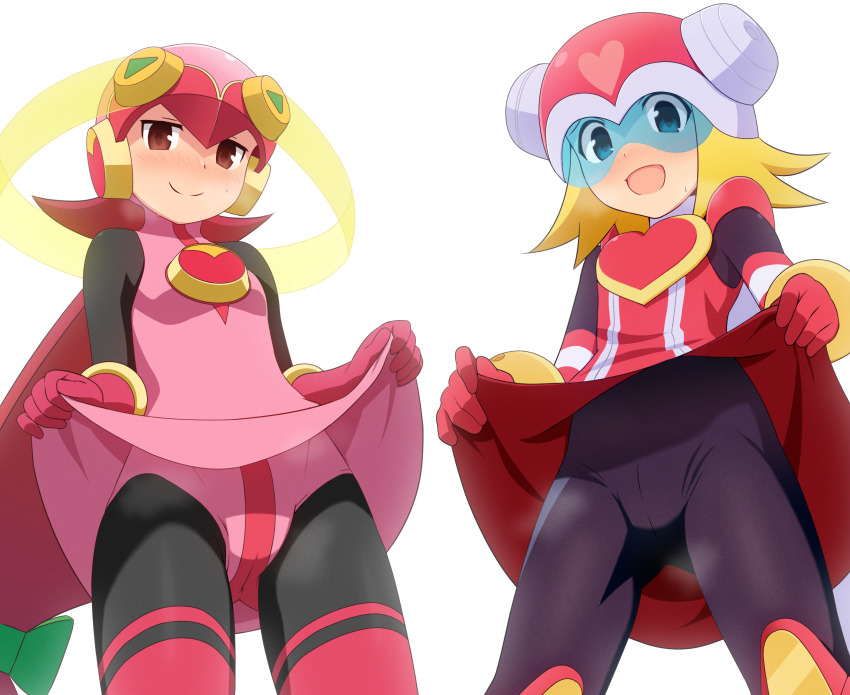 2girls black_bodysuit blonde_hair blue-tinted_eyewear blush bodysuit brown_eyes clothes_lift cross_fusion curakuru harp_note_(mega_man) highres lifting_own_clothes looking_at_viewer mayl_sakurai_(mega_man) mega_man_(series) mega_man_battle_network mega_man_star_force_(series) multiple_girls red_hair roll.exe_(mega_man) skirt skirt_lift smile tinted_eyewear white_background