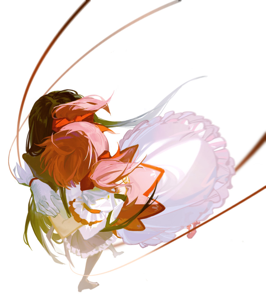 2girls akemi_homura akemi_homura_(magical_girl) black_hair highres hug kaname_madoka kaname_madoka_(magical_girl) mahou_shoujo_madoka_magica multiple_girls pink_hair transparent_background twintails zgxuke