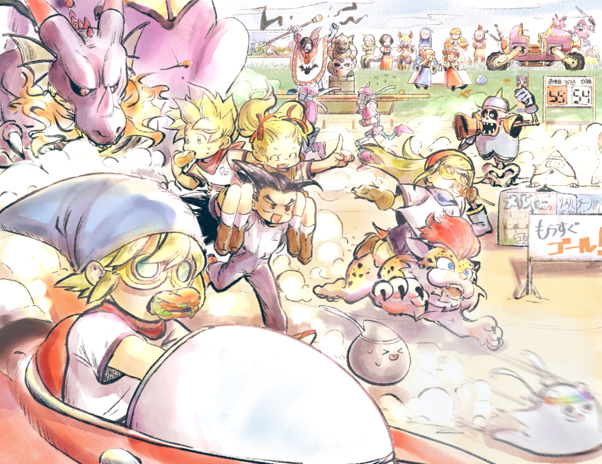 &gt;_&lt; 1980s_(style) :o anessa_(dqb2) bandana blonde_hair blue_hat bread brown_hair brownie_(dragon_quest) burger captain_whitebones_(dqb2) carrying carrying_person chako_(dqb2) character_request closed_eyes commentary_request dark-skinned_male dark_skin dragon dragon_lord dragon_quest dragon_quest_builders dragon_quest_builders_2 dragon_quest_i dust_cloud eating female_builder_(dqb) female_builder_(dqb2) floating_hair food goggles great_sabrecub gremlin_(dragon_quest) gurimun_(dqb2) hair_ribbon hammerhood_(dragon_quest) hargon hat highres holding holding_staff liquid_metal_slime_(dq) mage_staff male_builder_(dqb) male_builder_(dqb2) metal_slime metats_(dqb2) neckerchief oldschool pero_(dqb2) pirin pointing princess_laura racing red_neckerchief red_ribbon retro_artstyle ribbon riding ruru_(dqb2) shiro_jii_(dqb2) shirt short_hair sidoh_(dqb2) skeleton slime_(dragon_quest) spiked_hair staff tftf649e translation_request twintails white_shirt yellow_neckerchief