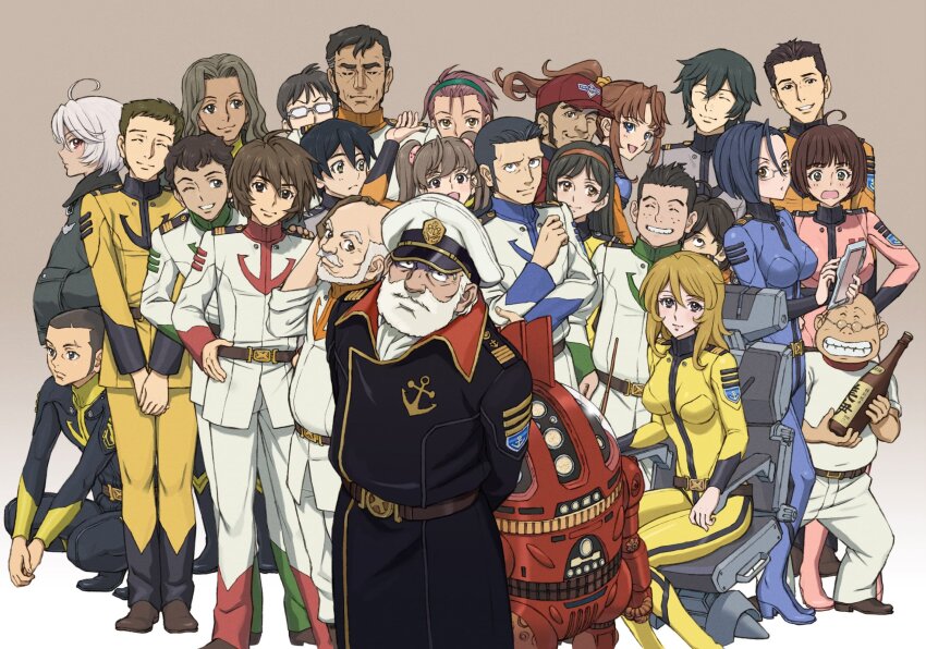 ahoge aihara_yoshikazu analyzer_(uchuu_senkan_yamato) blonde_hair bodysuit brown_eyes brown_hair everyone harada_makoto highres hirata_hajime itou_shin&#039;ya katou_saburou kiryuu_mikage kodai_susumu long_hair looking_at_viewer military_uniform misaki_yuria mori_yuki multiple_boys multiple_girls murakawa_michio nanbu_yasuo niimi_kaoru okita_juuzou oota_kenjiro sado_sakezou saijou_miki sanada_shirou shima_daisuke shinohara_hiroki simple_background smile standing tokugawa_hikozaemon uchuu_senkan_yamato uchuu_senkan_yamato_2199 yabu_sukeji yamamoto_akira
