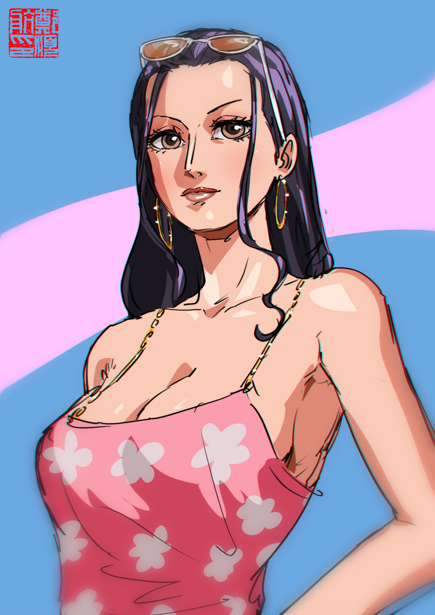 1girl absurdres aliasartworks black_hair blue_background blurry_border breasts brown_eyes camisole cleavage commentary earrings english_commentary eyelashes eyewear_on_head floral_print from_side gold_earrings highres jewelry large_breasts long_hair looking_to_the_side nico_robin nico_robin_(punk_hazard) official_alternate_costume one_piece pink_background pink_camisole pink_lips sidelocks simple_background solo sunglasses upper_body