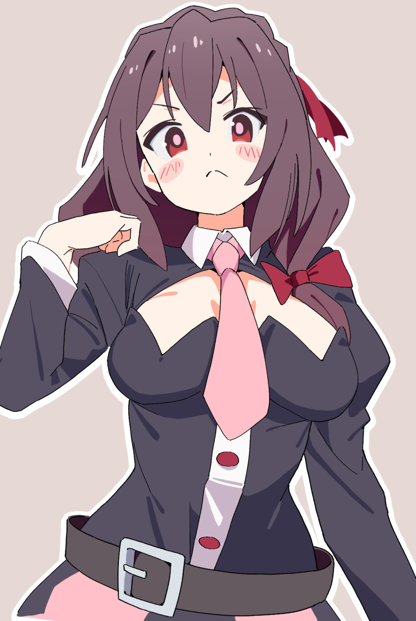 1girl belt blush_stickers bow breasts brown_hair cleavage_cutout clothing_cutout commentary dot_nose frown grey_background hair_between_eyes hair_bow highres juliet_sleeves kono_subarashii_sekai_ni_shukufuku_wo! large_breasts long_hair long_sleeves looking_at_viewer necktie noyama_takenoko outline pink_necktie puffy_sleeves red_bow red_eyes simple_background solo upper_body white_outline wing_collar yunyun_(konosuba)