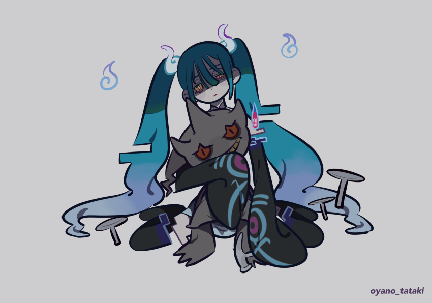 1girl artist_name bags_under_eyes banette black_sleeves black_thighhighs blue_hair colored_skin detached_arm detached_legs detached_sleeves full_body gen_3_pokemon ghost_miku_(project_voltage) glitch gradient_hair grey_background grey_hair grey_skin hair_between_eyes hammer hatsune_miku highres holding holding_hammer holding_pokemon long_hair looking_at_viewer mogero_(gerogero_ieki) multicolored_hair nail_(hardware) nintendo pokemon pokemon_(creature) print_sleeves project_voltage red_eyes shaded_face sitting sleeves_past_fingers sleeves_past_wrists smile thighhighs twintails very_long_hair vocaloid wariza yellow_eyes