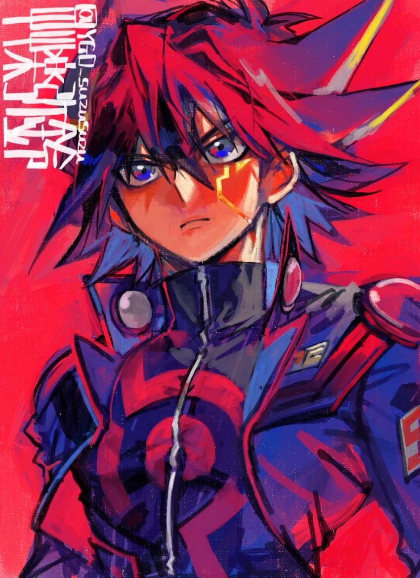 1boy black_hair black_shirt blonde_hair commentary_request facial_mark fudo_yusei highres medium_hair multicolored_hair red_background sagara_iyori shirt simple_background solo spiked_hair twitter_username two-tone_hair upper_body yu-gi-oh! yu-gi-oh!_5d&#039;s