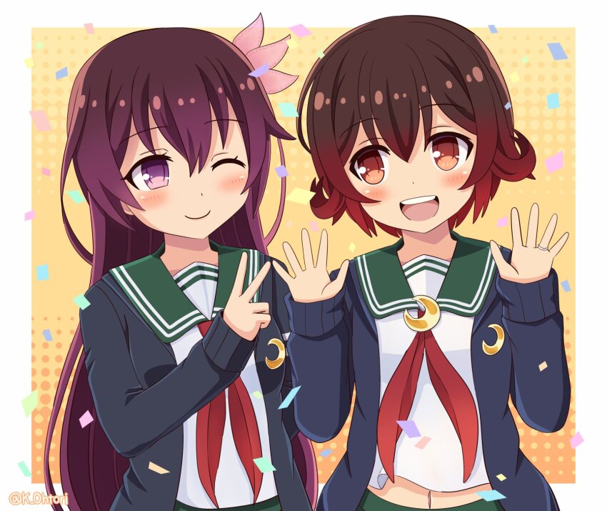 2girls blue_jacket blush brown_hair closed_eyes crescent crescent_pin gradient_hair green_sailor_collar green_skirt highres jacket jewelry kantai_collection kisaragi_(kancolle) kisaragi_kai_ni_(kancolle) long_hair long_sleeves multicolored_hair multiple_girls mutsuki_(kancolle) mutsuki_kai_ni_(kancolle) neckerchief one_eye_closed ootori_(kyoya-ohtori) open_mouth pantyhose pleated_skirt purple_eyes red_hair red_neckerchief ring sailor_collar school_uniform serafuku short_hair skirt smile upper_body v wedding_ring white_background yellow_background