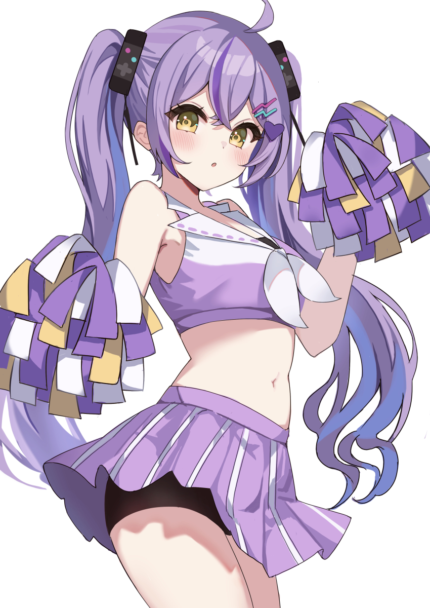 1girl absurdres ahoge alternate_costume armpits bare_shoulders bike_shorts cheerleader cowboy_shot crop_top cropped_shirt hair_ornament hairpin highres midriff multicolored_hair multiple_hairpins navel parted_lips pom_pom_(cheerleading) purple_hair purple_skirt ribbon-trimmed_collar ribbon_trim shinomiya_runa shirt simple_background skirt sleeveless sleeveless_shirt solo streaked_hair tihayasan-ktkr twintails virtual_youtuber vspo! white_background yellow_eyes