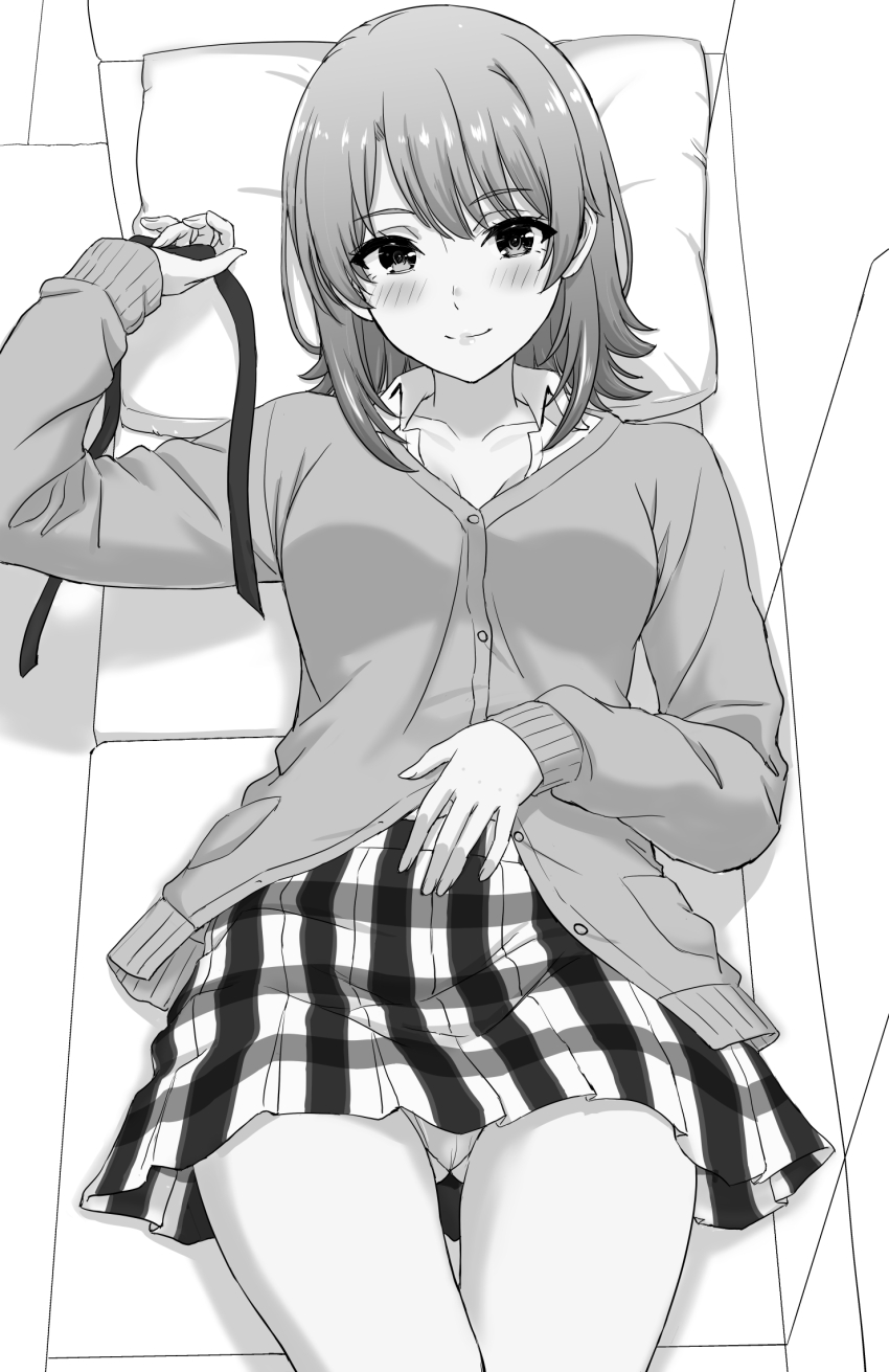 1girl blush cardigan closed_mouth collarbone collared_shirt couch gluteal_fold greyscale hand_on_own_stomach hand_up highres holding holding_ribbon inanaki_shiki isshiki_iroha long_sleeves looking_at_viewer lying medium_hair miniskirt monochrome on_back on_couch panties panty_peek pillow plaid_clothes plaid_skirt pleated_skirt ribbon school_uniform shirt skirt sobu_high_school_uniform underwear yahari_ore_no_seishun_lovecome_wa_machigatteiru.