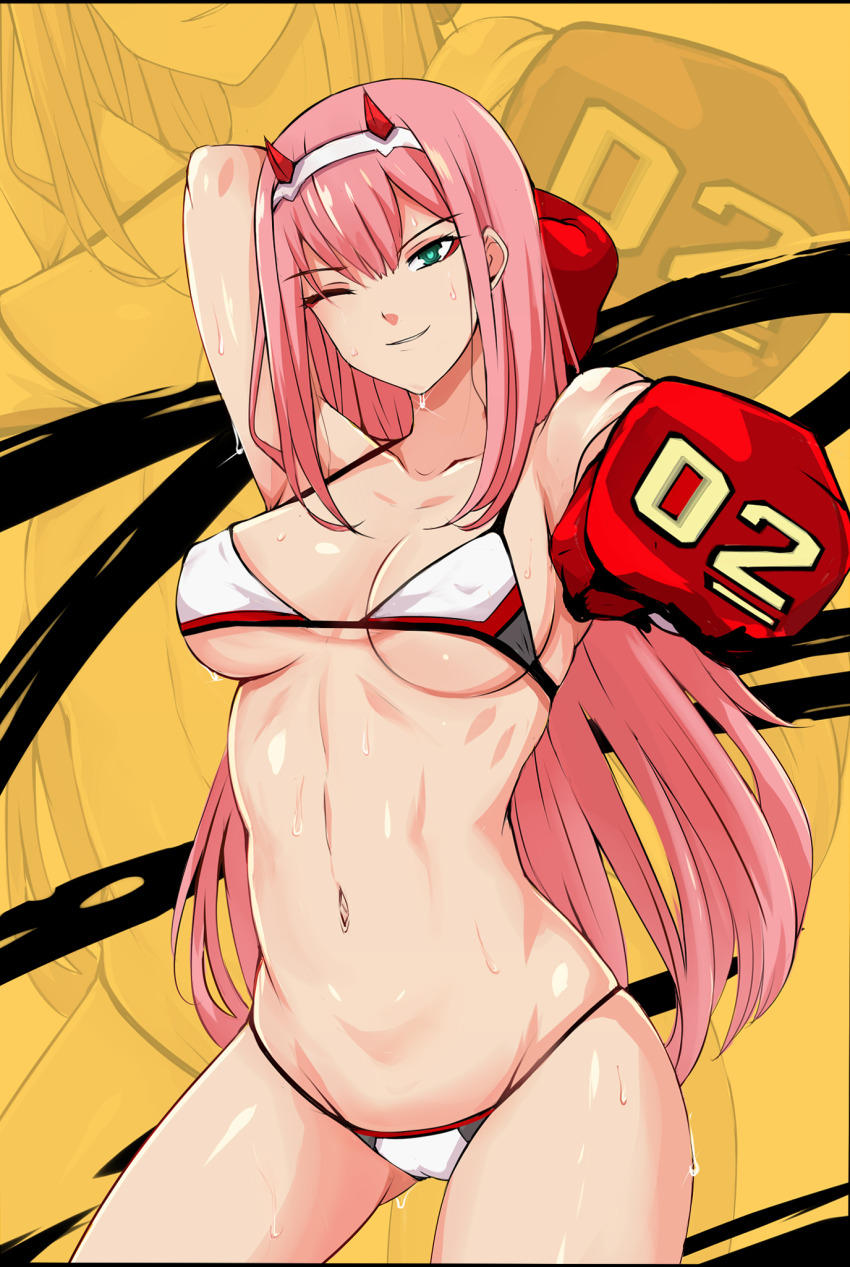 1girl bare_legs bikini boxer boxing_gloves breasts collarbone covered_erect_nipples curvy darling_in_the_franxx demon_horns green_eyes hairband highres horns long_hair looking_at_viewer medium_breasts navel nonoririn one_eye_closed pink_hair shiny_skin smile sweat swimsuit yellow_background zero_two_(darling_in_the_franxx)