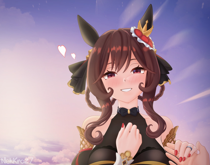 1girl 1other absurdres animal_ears artist_name bilingual_commentary blush breasts brown_hair cloud commentary ear_covers english_commentary gentildonna_(regina_dei_fiori)_(umamusume) gentildonna_(umamusume) heart highres holding_hands horse_ears horse_girl jewelry looking_at_viewer medium_breasts medium_hair mixed-language_commentary nekroz7 pink_sky pov red_eyes ring sky smile umamusume upper_body