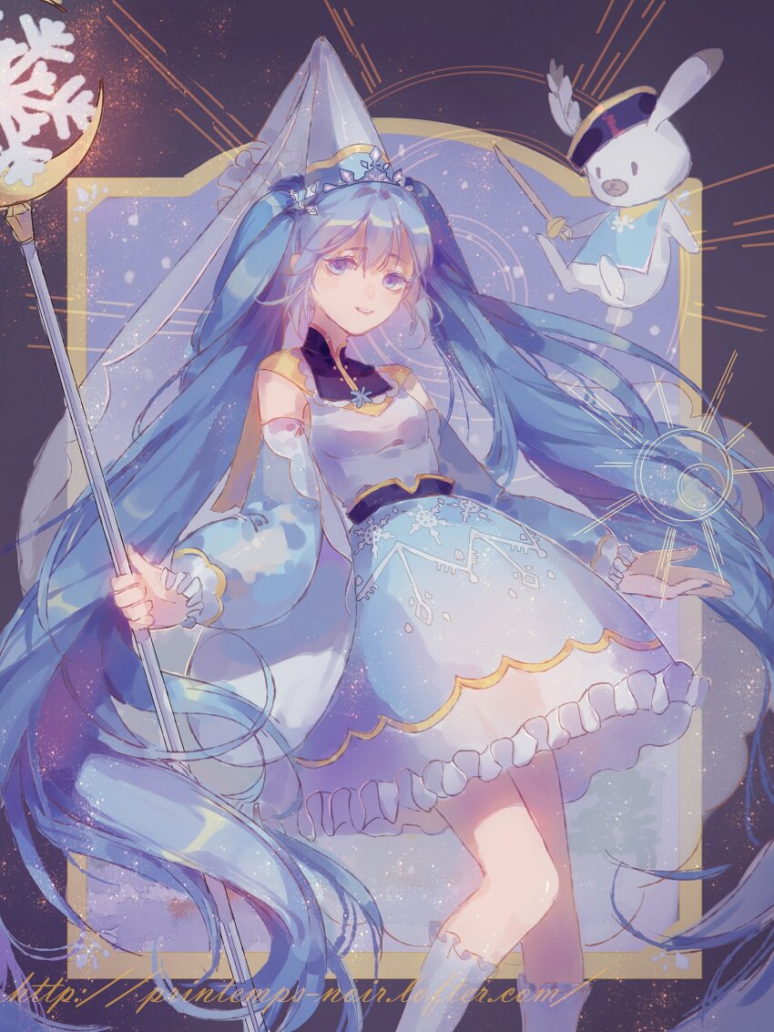 1girl absurdly_long_hair black_background black_collar black_hat blue_dress blue_eyes blue_hair blue_hat blue_sleeves cape chinese_commentary collar commentary_request crescent detached_sleeves dress eyelashes feet_out_of_frame frilled_dress frilled_sleeves frilled_socks frills grey_hat hat hatsune_miku high_collar highres holding holding_staff holding_sword holding_weapon kneehighs lance long_hair long_sleeves magic open_mouth polearm puffy_long_sleeves puffy_sleeves rabbit see-through_clothes see-through_dress short_dress smile snowflake_brooch snowflake_print snowing socks solo staff sword teeth tiara twintails upper_teeth_only veil very_long_hair vocaloid weapon white_socks white_veil yanmian_(printemps-noir) yellow_cape yuki_miku yuki_miku_(2019)_(applicant)