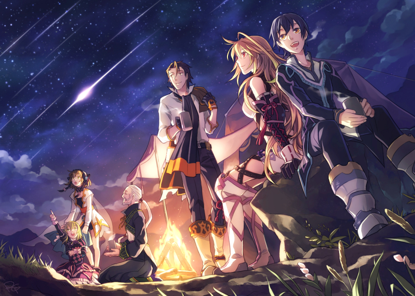 3boys 3girls alvin_(tales) bad_id bad_pixiv_id beard black_hair blonde_hair boots brown_eyes brown_hair cup elize_lutus facial_hair jude_mathis knee_boots leia_rolando milla_maxwell minamigahara multiple_boys multiple_girls mustache ponytail purple_eyes rogin_(log-in) rowen_j._ilbert scarf sky smile star_(symbol) tales_of_(series) tales_of_xillia teepo_(tales) white_hair yellow_eyes