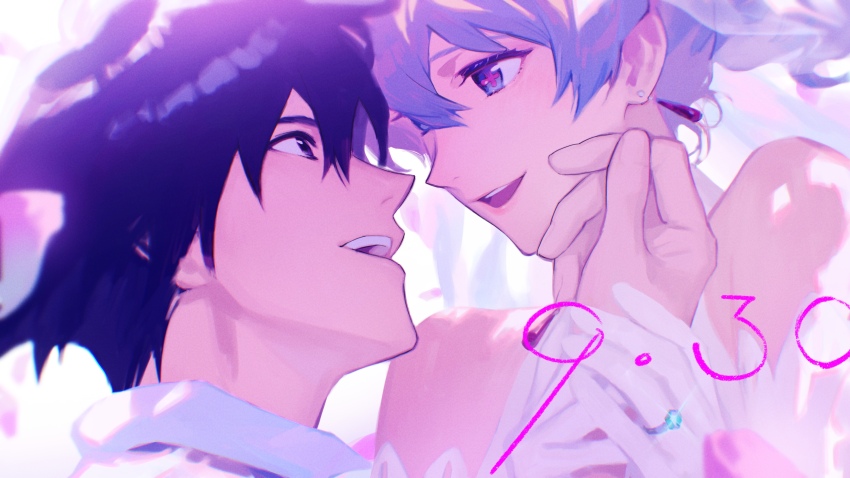 1boy 1girl absurdres anniversary bare_shoulders black_eyes black_hair blue_eyes blue_hair blurry bridal_veil chromatic_aberration couple cross-shaped_pupils dated depth_of_field eye_contact falling_petals flower-shaped_pupils glint gloves hair_between_eyes hand_on_another&#039;s_cheek hand_on_another&#039;s_face hetero highres holding_another&#039;s_wrist jewelry lips looking_at_another mosako nia_teppelin nostrils open_mouth petals pink_pupils ponytail portrait profile ring shirt short_hair simon_(ttgl) smile symbol-shaped_pupils teeth tengen_toppa_gurren_lagann upper_teeth_only vanilla veil wedding wedding_ring white_gloves white_shirt