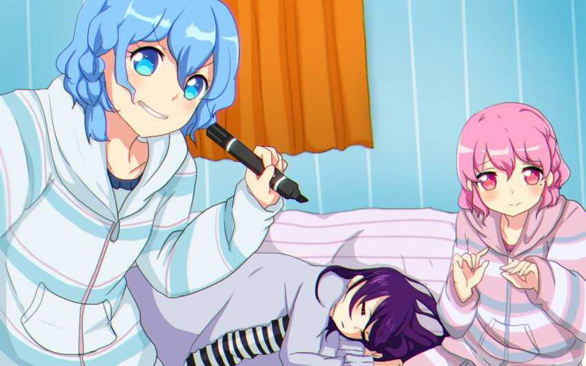 1boy 2girls blue_eyes blue_hair braid holding holding_marker long_hair marker multiple_girls namidanouta on_bed pajamas pink_eyes pink_hair prank pretty_series pripara purple_hair reona_west short_hair side_braid single_braid sleeping sleepover taking_picture
