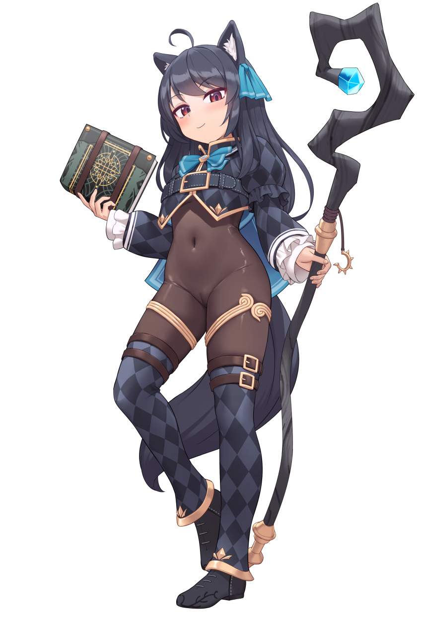 1girl absurdres ahoge animal_ear_fluff animal_ears belt black_belt black_hair black_pantyhose black_shoes bodysuit book breasts brown_bodysuit brown_eyes cameltoe checkered_thighhighs chest_belt closed_mouth commentary_request commission covered_navel cropped_jacket full_body grimoire highres holding holding_book holding_staff long_hair long_sleeves looking_at_viewer mage_book mage_staff pantyhose ribbon sawada_yuusuke shoes simple_background skeb_commission small_breasts smile solo staff standing svartlilja_(vrchat) tail vrchat white_background wolf_ears wolf_girl wolf_tail