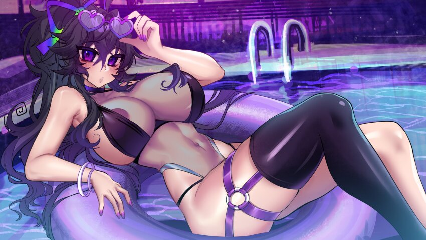 1girl :o absurdres bare_shoulders bikini black_bikini bow breasts crawling_dreams eyewear_on_head hair_bow heart heart-shaped_eyewear highres ladder large_breasts merryweather navel nyarla_(osiimi) osiimi ponytail ponytail_holder pool poolside purple_eyes purple_hair purple_nails purple_theme see-through_clothes see-through_swimsuit single_thighhigh swimsuit thighhighs
