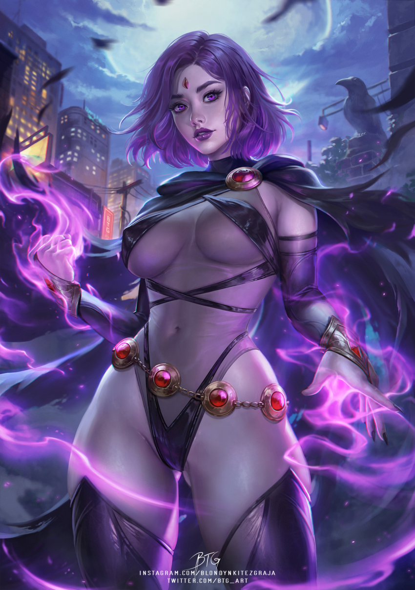 1girl adapted_costume belly_chain belt bird black_cape blondynkitezgraja breasts bridal_gauntlets cape city colored_skin commentary crow dc_comics english_commentary forehead_jewel full_moon grey_skin highleg highleg_panties highres jewelry large_breasts leotard magic moon navel outdoors panties parted_lips purple_eyes purple_hair purple_lips raven_(dc) revealing_clothes see-through_clothes see-through_leotard short_hair sideboob solo teen_titans thighhighs thighs underwear