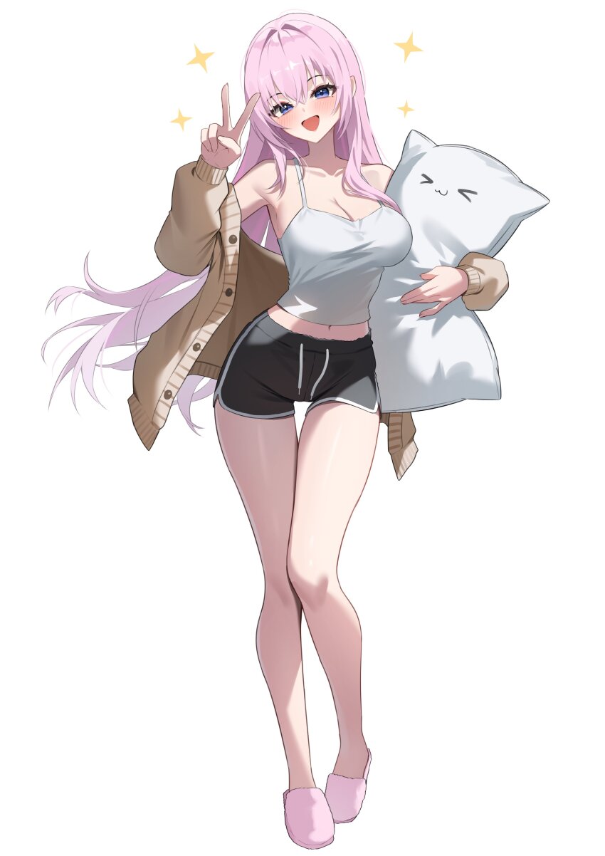 1girl absurdres armpits bare_legs bare_shoulders black_shorts blue_eyes breasts brown_cardigan camisole cardigan cleavage collarbone dolphin_shorts drawstring full_body hand_up hashtag-only_commentary highres hugging_object large_breasts long_hair long_sleeves looking_at_viewer megurine_luka midriff navel off_shoulder open_cardigan open_clothes open_mouth pillow pillow_hug pink_hair shirt short_shorts shorts shuvi_(shuvi1125) simple_background sleeveless sleeveless_shirt slippers smile solo sparkle thighs v very_long_hair vocaloid white_background white_shirt